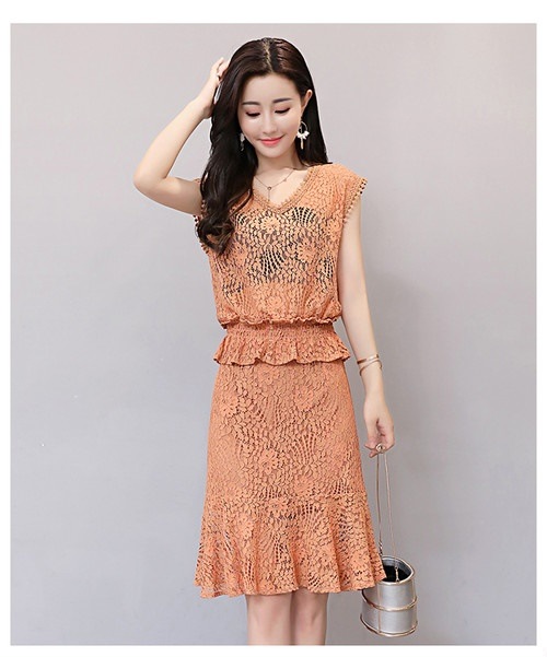 A1095.刺繍シースルーペプラムフレアワンピース（オレンジ）2019 春夏 sale ドレス エレガント お呼ばれ 結婚式 披露宴 パーティー 女子会 レストラン デート