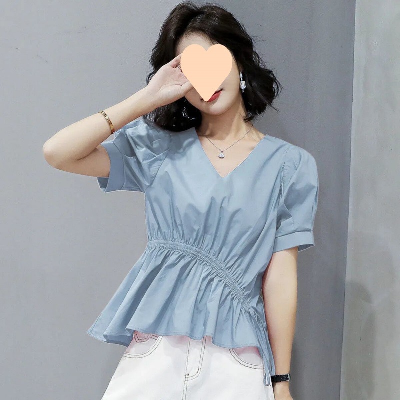 【1つ買うと10つ無料】シャツの女性2025サマーパフスリーブセンスショートスリーブエラスティックウエストホワイトシャツ