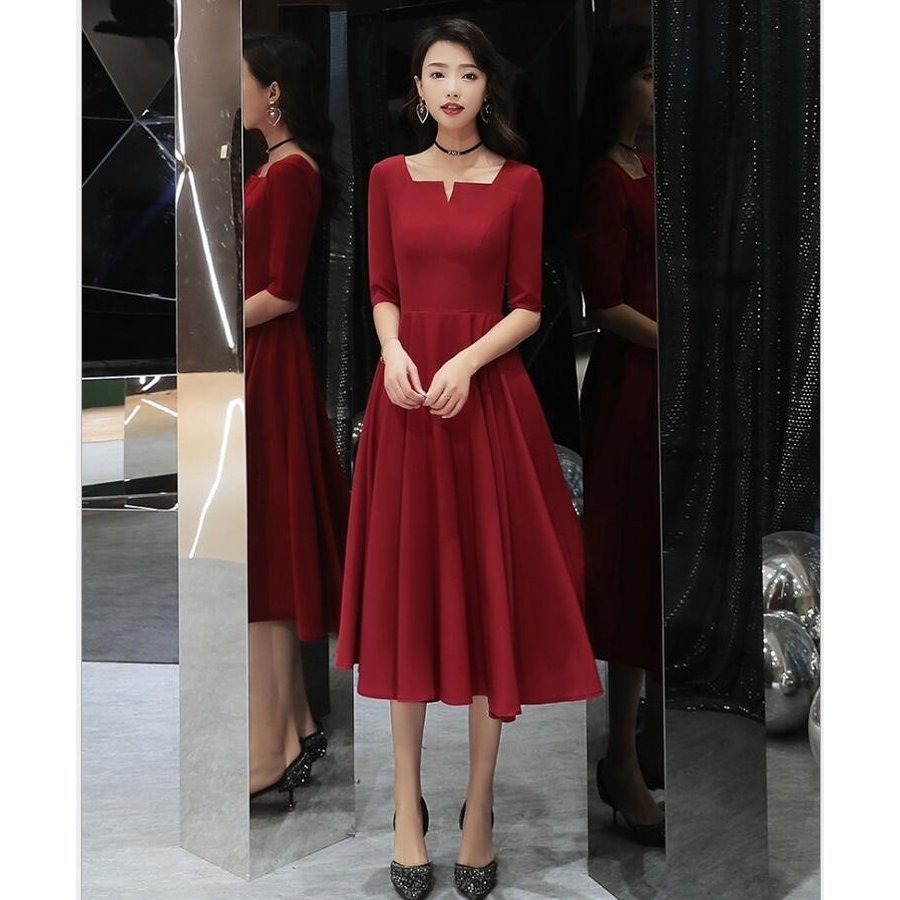 ミモレドレス パーティードレス 袖あり 赤 結婚式 二次会 衣装 舞台 披露宴 演奏会 発表会 ピア