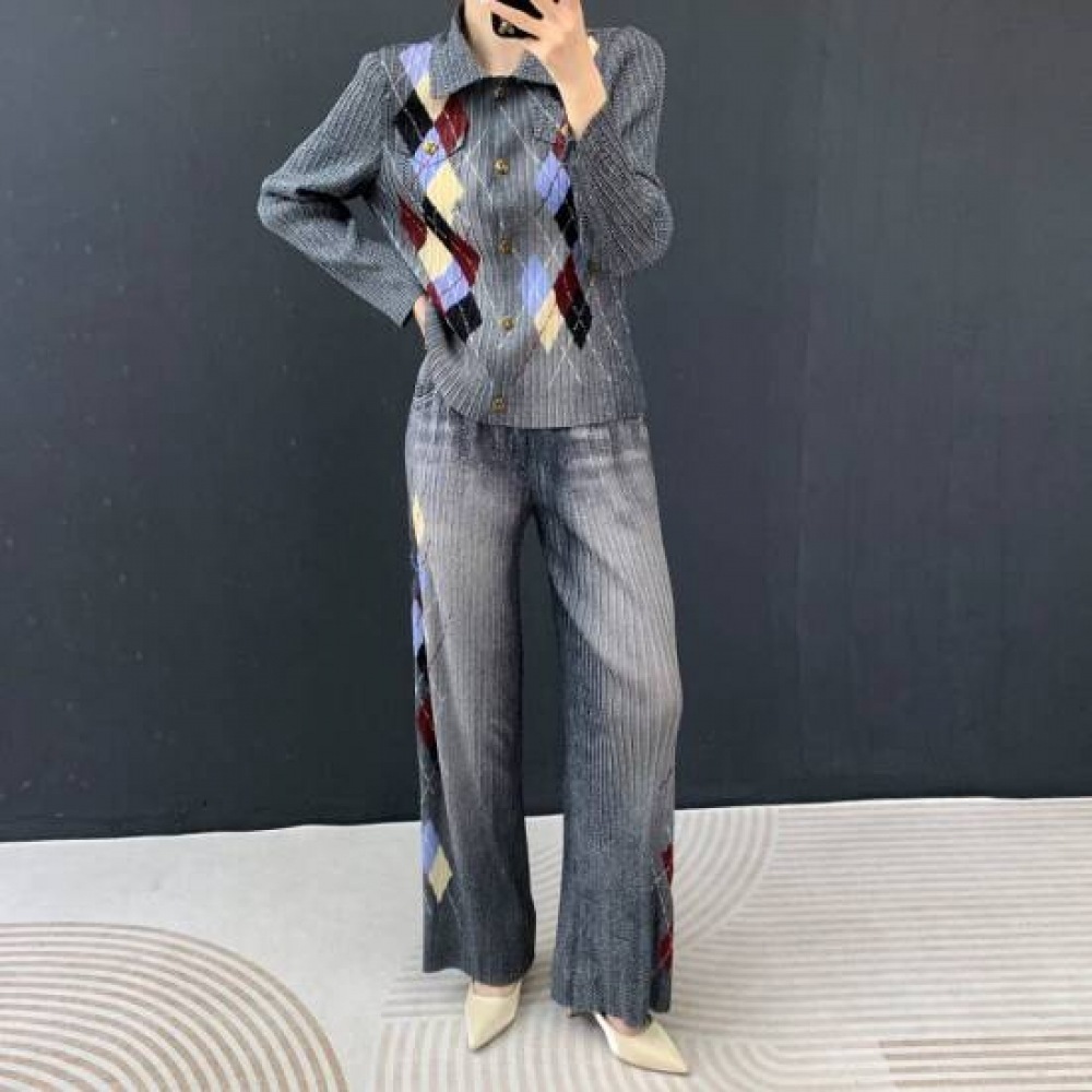 フララ レディース プリーツデニム アーガイル ジャケット＋パンツセット