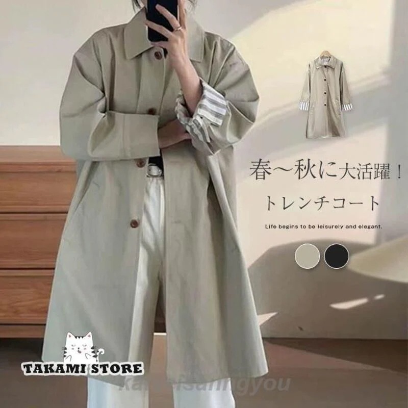 女性用トレンチコート 秋 通勤 カジュアル ステインカラー フェザー織り ロング丈 春コート ジャケット
