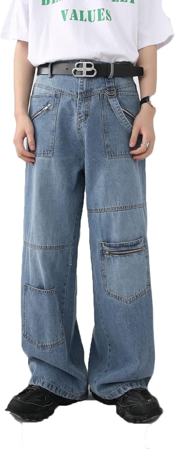 デニムパンツ モード系 ワイドパンツ メンズ ロングパンツ デザイン性 マルチポケット おしゃれ カジュアル ガウチョパンツ ウォッシュ加工 ヴィンテージ ジーンズ 大きめ バギー ルーズ