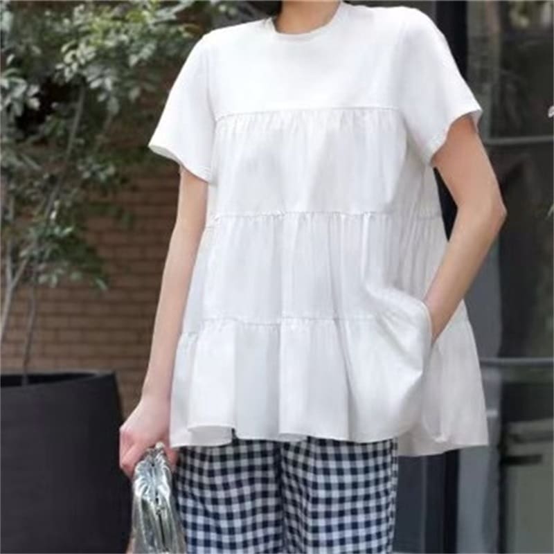 ティアードTシャツ ティアードシャツ ティアードトップス 黒 白 Tシャツ 半袖 ラウンドネック プリーツ プルオーバー ルーズ 韓国 レディース かわいい 可愛い 大人可愛い 大人女子