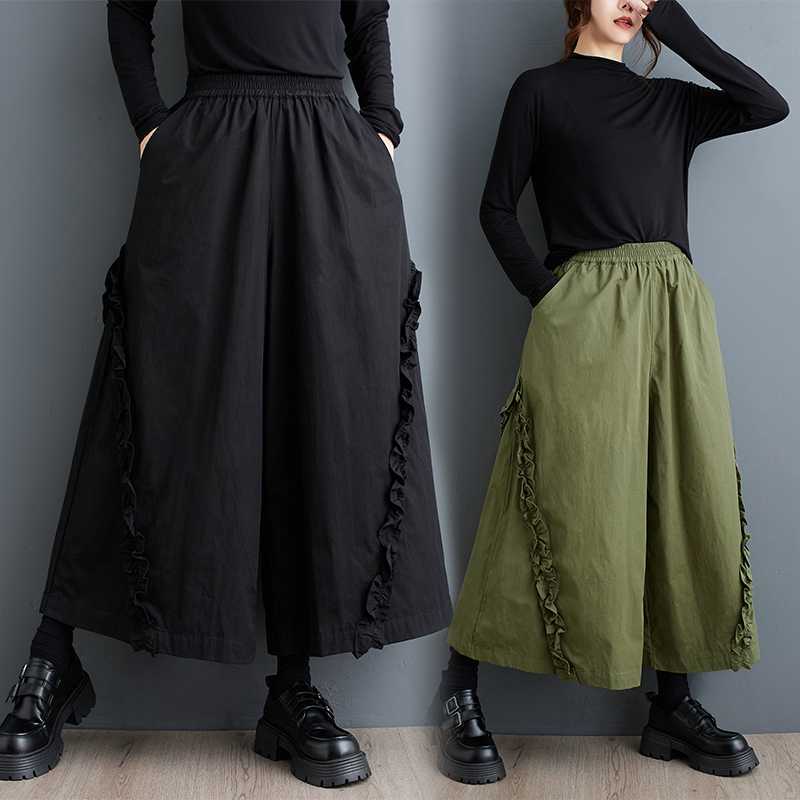 「ファットガール」 ロングパンツ 2024秋新品 メガ割 花柄 大きいサイズ レディース ワイドパンツ 体型カバー ゴム