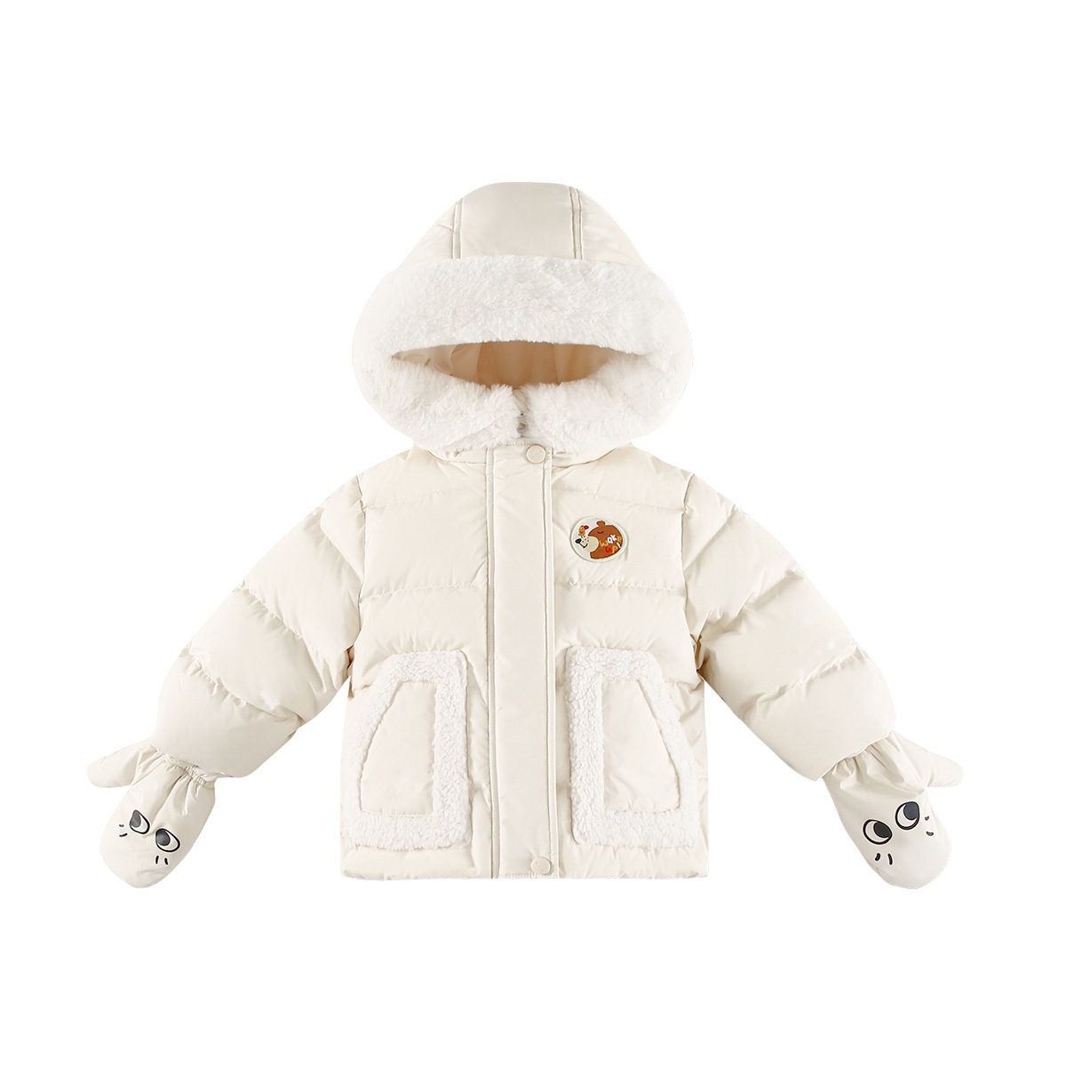 冬の毛糸の手袋暖かな子供の帽子付きダウンジャケット