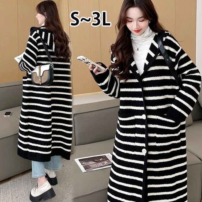 ニットガウン ニットカーディガン ストライプ柄 フード付き ロング レディース 長袖ガウン カーディガン 長袖 厚手 ロングカーディガン ポケット付き コーディガン ライトアウター 羽織り 大きいサ 4,366円