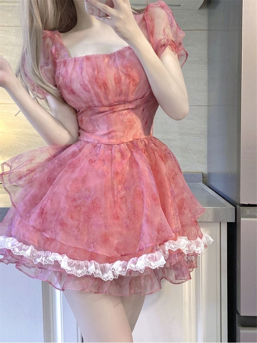 ロリータ プリンセスワンピース フランス バブルスリーブ 花柄ポンポンスカート ワンピース