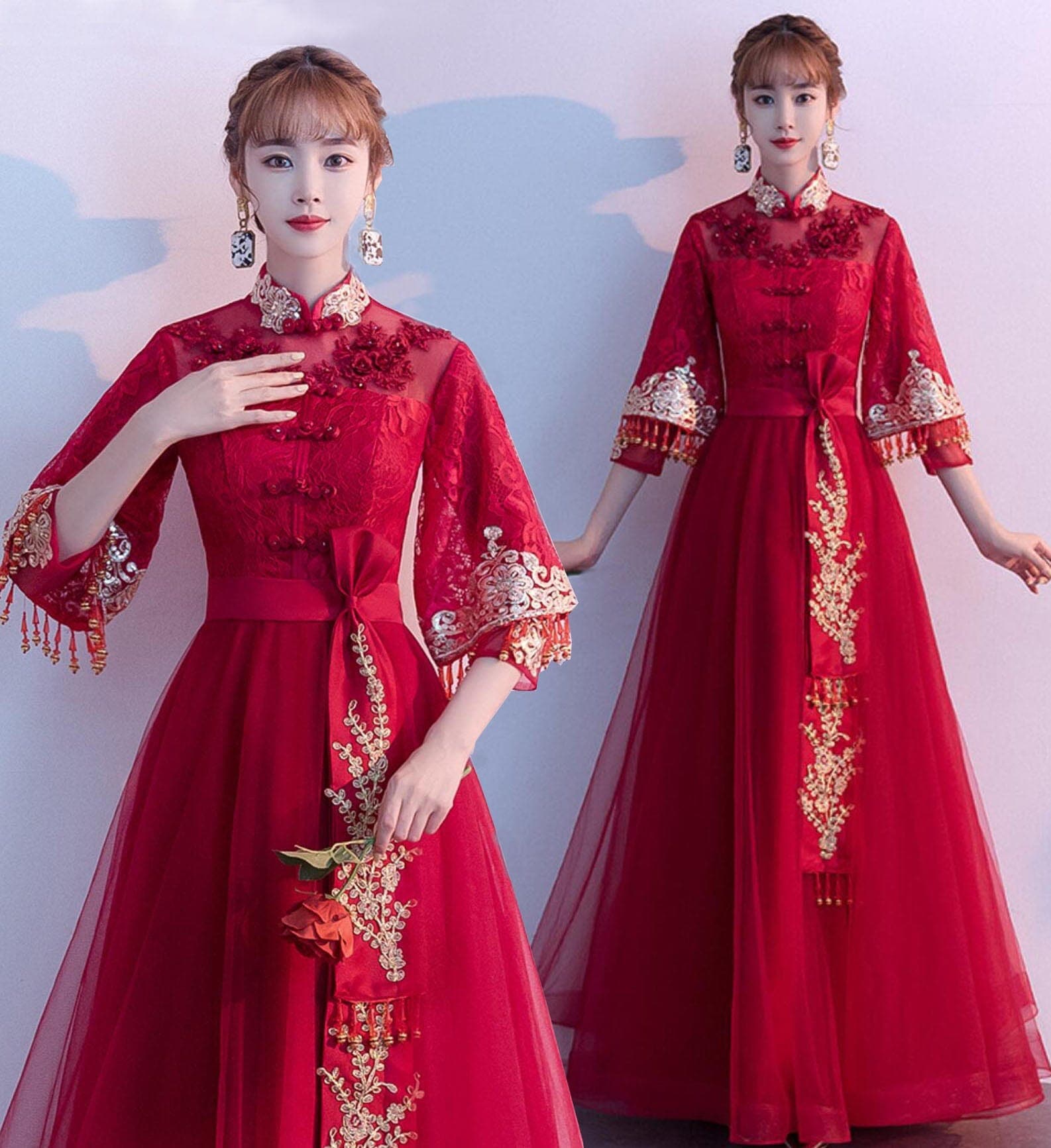 【急速出荷!】ロングドレス チャイナドレス ロング丈 マキシ丈 チャイナ ドレス 七分袖 レース ル 花 エスニック柄 中国風 パーティードレス 結婚式 宴会 二次会 演奏会 ドレス ウエストに大き