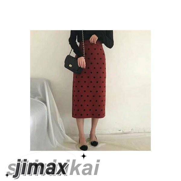 ペンシルスカート レディース 厚手 ロング丈 ドット柄 水玉柄 シンプル オシャレ カジュアル ボトムス 秋 冬 ハイウエスト プレゼント