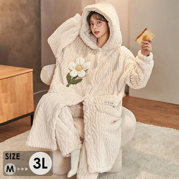 お花 ナイトガウン もこもこ モコモコパジャマ ルームウェア パジャマ 冬 長袖 着る毛布 前開き フード付き 寝巻き 部屋着 暖かい あったか 着ぐるみ モコモコ 大人用 ふわふわ レディース 女性