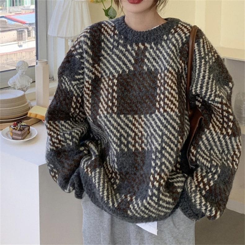 セーター ニット トップス クルーネック ドロップショルダー チェック柄 オーバーサイズ 長袖 大人可愛い シンプル お洒落 こなれ感 普段使い