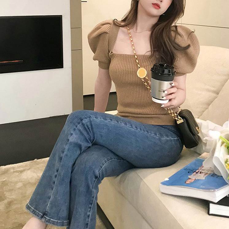 クーポン有スクエアネック 半袖 カットソー トップス レディース 個性的 春 夏 秋 裾イン バルーン袖 ぽわん袖 襟なし スリム 細身 伸縮性 ブラック キャメル 無地 サイズ S M L XL L