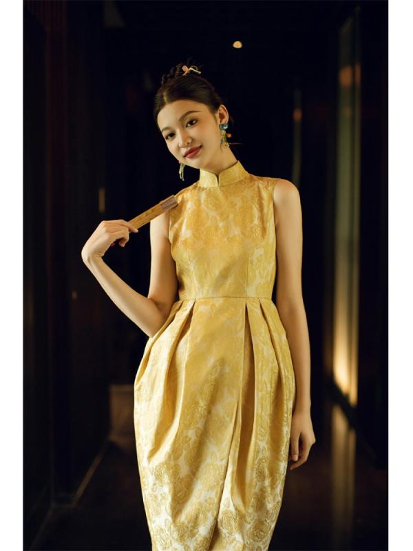 チャイナドレス レディース ワンピース ブライダル モーニング ローブ 婚約 セレモニー イエロー