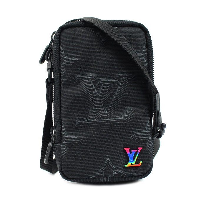 LOUIS VUITTON ルイ・ヴィトン 3Dモノグラム ダブルフォンポーチ ショルダーバッグ ブラック M80141 ICチップ メンズ 中古 美品