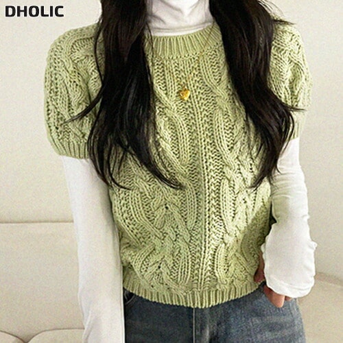 半袖パフスリーブベーシッククロップドケーブルニット・1955125