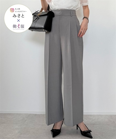 パンツスーツ みさとさんコラボ センタープレスタックワイドパンツ しわになりにくい・UVカット 大きいサイズ有