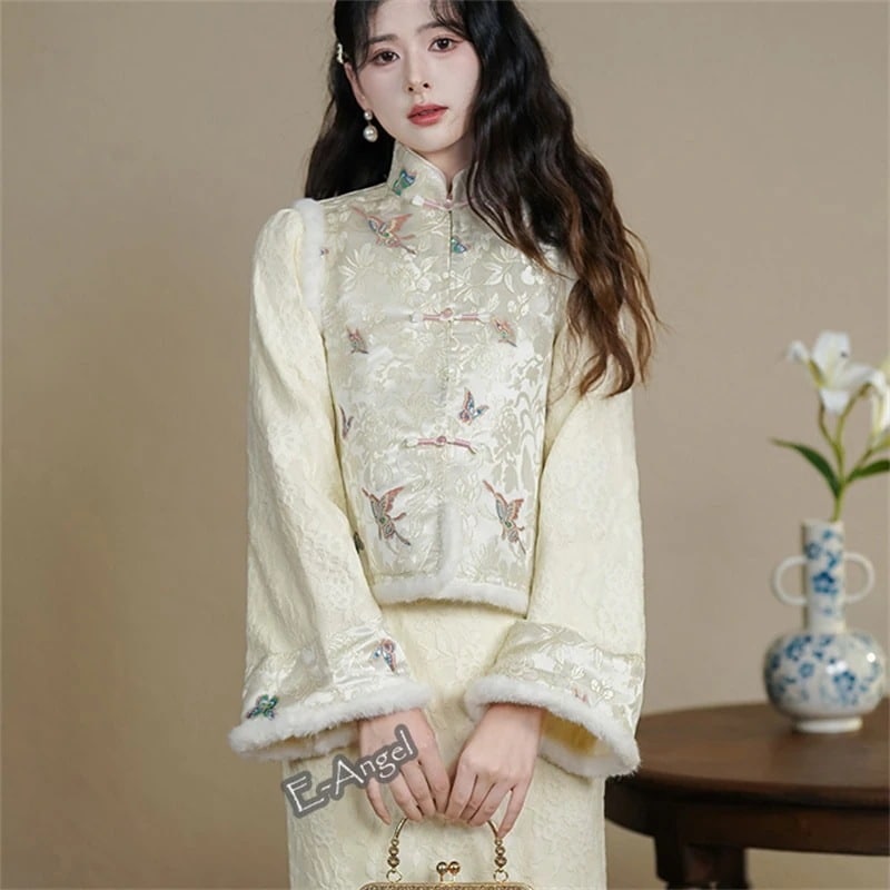 チャイナドレス 冬 ベージュ ロング 長袖 改良チャイナドレス 裏起毛 シェニールレース スタンド