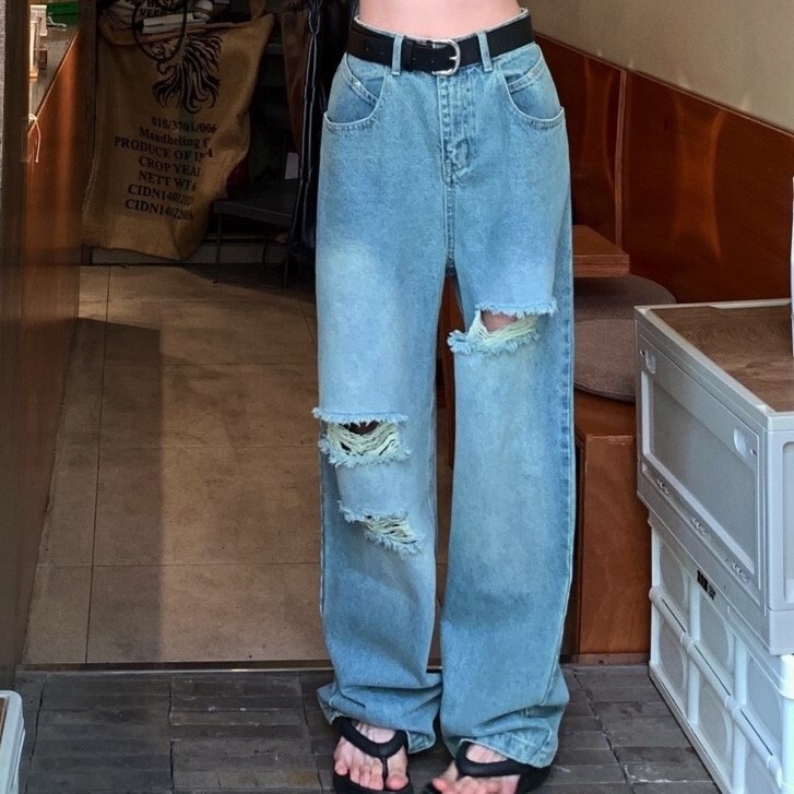 ジーンズ デニム ダメージジーンズ ボトムス パンツ ズボン ロング丈 ハイウエスト ストレートパンツ ボーイッシュ マニッシュ スポーティ シンプル カジュアル 大人 上品 おしゃれ お洒落 5,681円