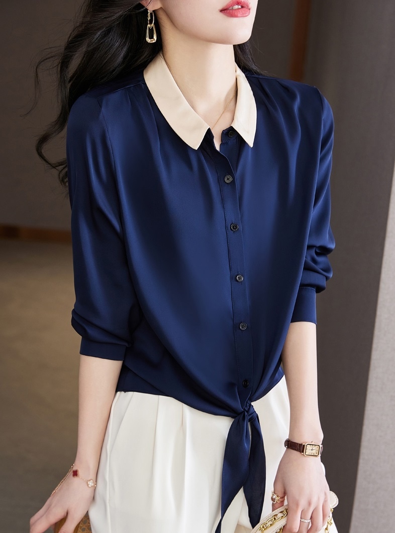 春 エレガント シルク ショート レース アップ シャツ スモール スリム 女性 シルク トップ ネイビー M L XL XXL トップス 袖あり かわいい 大人可愛い きれいめ シンプル 14,381円