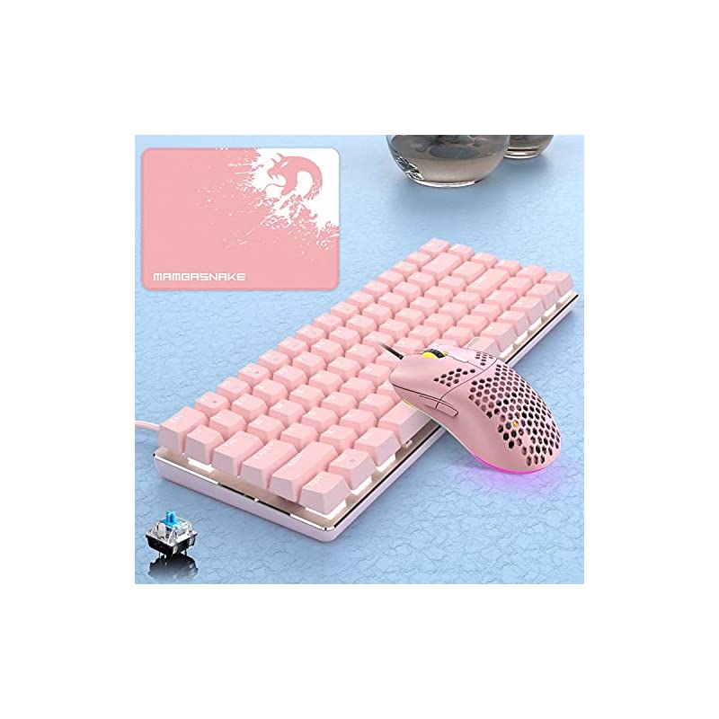有線ゲーミングキーボードマウス 青軸82キー 防衝突軽量 マウスパッド付 女性人気 ピンク&ホワイト