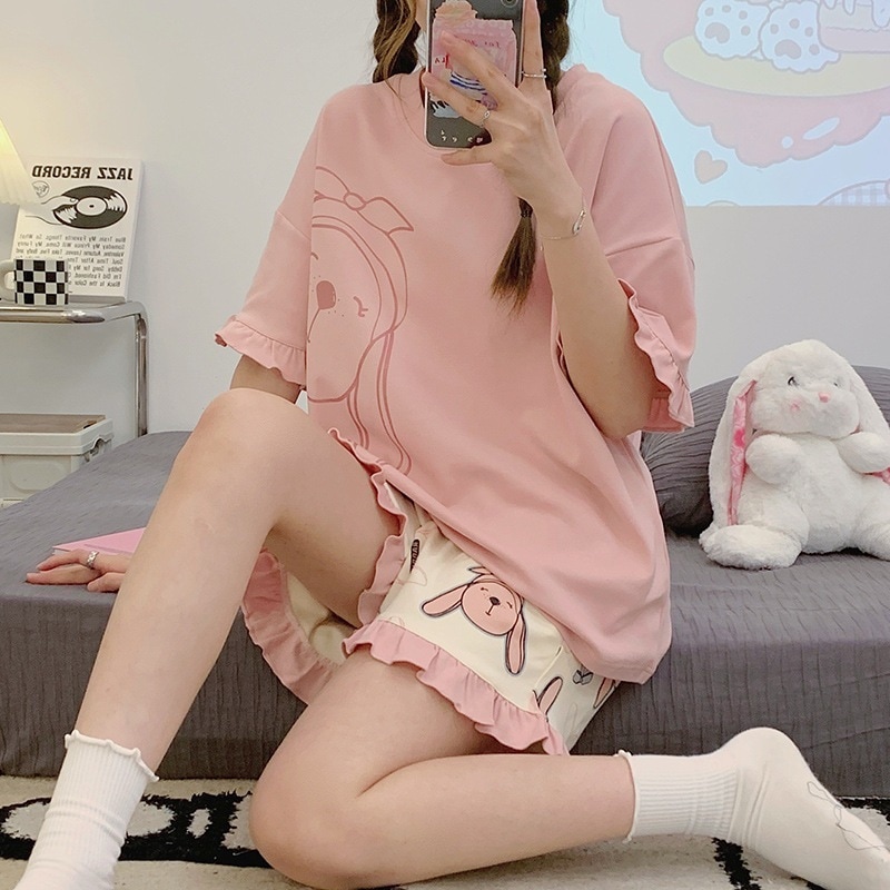 【1点購入 で10点 プレゼント】薄い短袖のショートパンツの模倣綿パジャマカジュアルな甘いものとかわいい女性夏の家庭用服セット