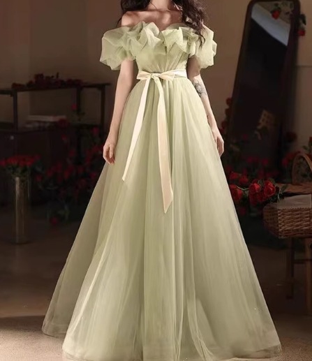 カラードレス ミントグリーン オフショルダー チュールスカート サッシュベルト 音楽会/発表会
