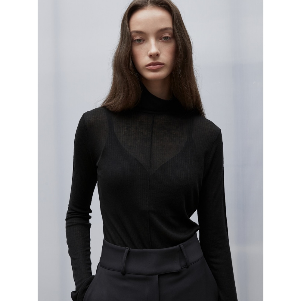 ouieウールステッチシースルータートルネックTシャツブラックOU1160 6,362円