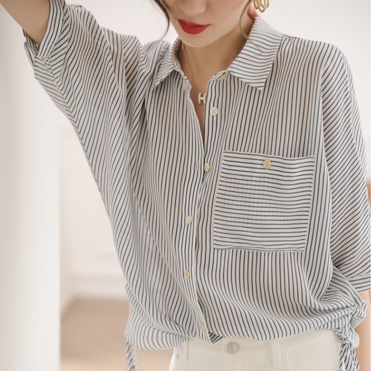 ストライプシャツ 七分袖シフォンシャツ 夏長袖シャツ カジュアルシャツ トップス Tシャツ シャツ ブラウス 袖あり 7分袖 七分袖 長袖 Vネック 襟付き スリム 細身 ストレート Iライン