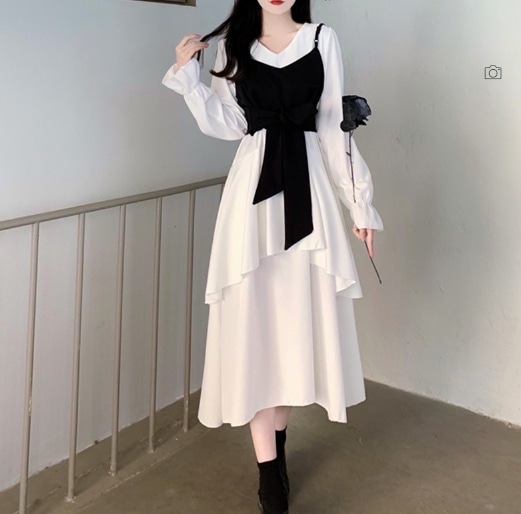 デート モテコーデ ワンピース ビスチェ フレアワンピース 膝下 半袖 長袖 Vネック フレア Aライン 切り替えデザイン リボン ウエストリボン 2点セット かわいい 可愛い カジュアル