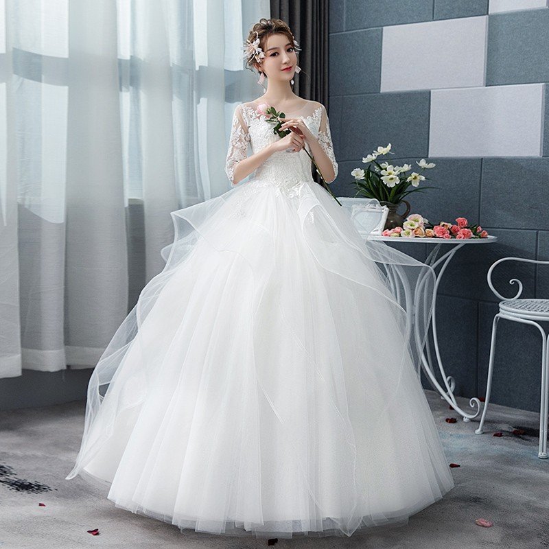 ウェディングドレス 袖あり 花嫁ドレス 安い ブライダル 結婚式 エンパイア 二次会 ロングドレス ウエディングドレス プリンセス 白 大きいサイズ