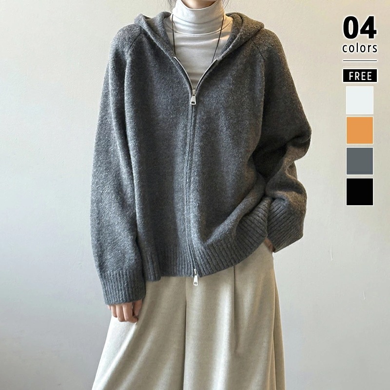 【2026年大人気】ニットパーカー ニット パーカー ダブルジップ レディース カーディガン フード付きパーカー アウター ジップアップ ジップアップパーカー ニットセーター ラグラン ゆったり トッ
