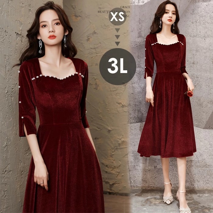 出血大サービス ドレス 大人 ピアノ 発表会 演奏会用ドレス 演奏会 イブニングドレス 結婚式 母親 ピアノ発表会 中学生 パーティードレス 発表会ドレス ミモレ丈ドレス ワインレッド 五分袖 ミモレ