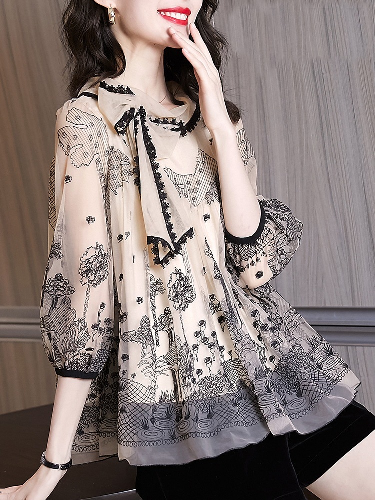 トップス シャツ ブラウス 袖あり 7分袖 七分袖 ラウンドネック 襟なし フレア ひらひら ヒラヒラ レース 刺繍 チュール リボン 透け感 シースルー かわいい 大人可愛い きれいめ 大人