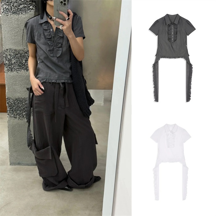 【OPEN Yy】 透け感レースブラウス フリルディテール 薄手シャツ 女性用 通勤オフィス 涼しい 軽量 トレンド【並行輸入品】