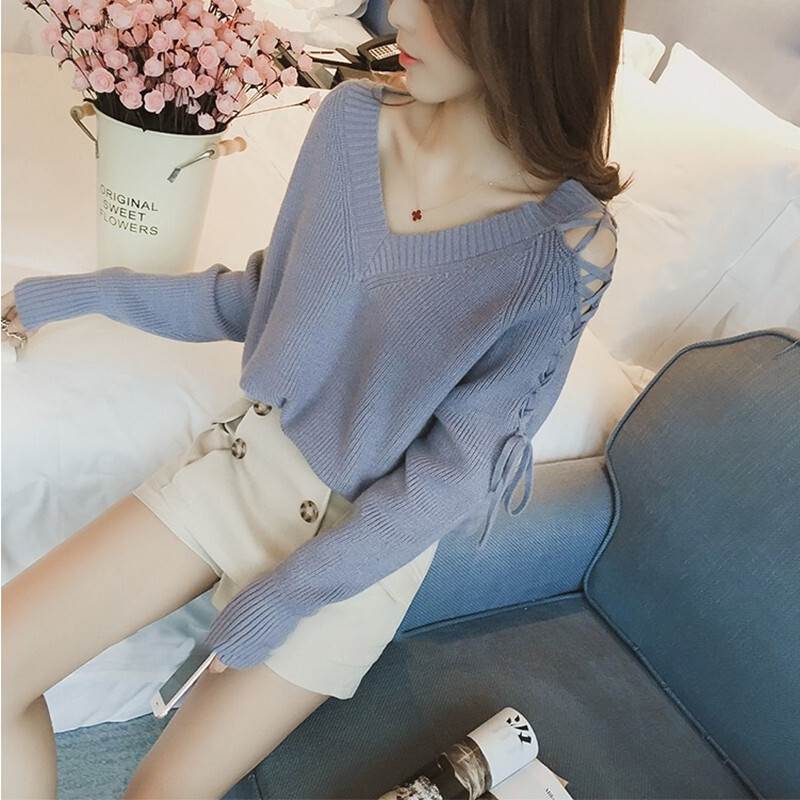 レースアップ ニット レディース セーター トップス リブ くすみカラー サイド Vネック 長袖 プルオーバー スリット リボン結び ルーズ カーキ ブリックレッド ブルー アー 大人可愛い 韓国 オ