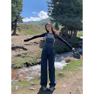 ブルーの高い腰のジーンズの女性の百合はやせて見えます広脚のストラップのズボンゆったりした筒のカジュアルなつなぎのズボン