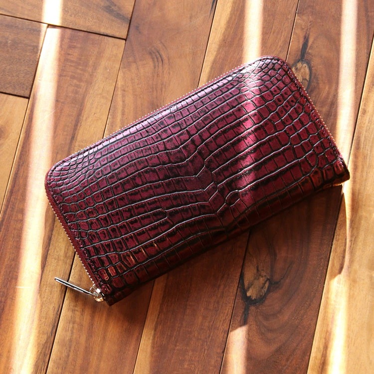クロコダイル長財布センター取り一枚革ラウンドファスナー