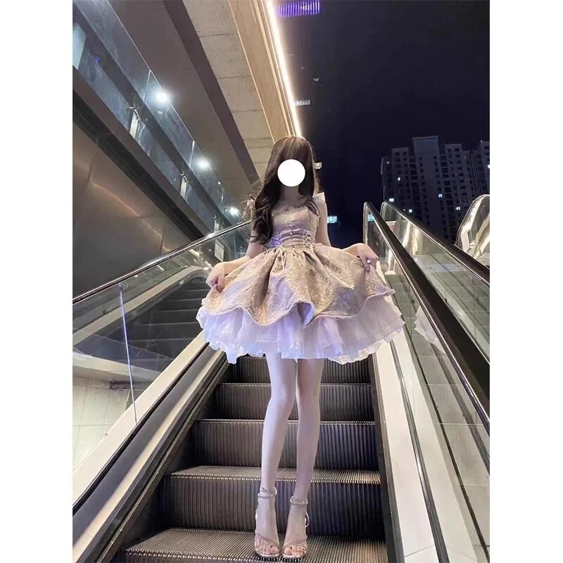 【1つ買うと10個もらえる】ピンクとパープルの小さなフライングスリーブジャガードロリータドレスドレスロリータプリンセスドレスよく59