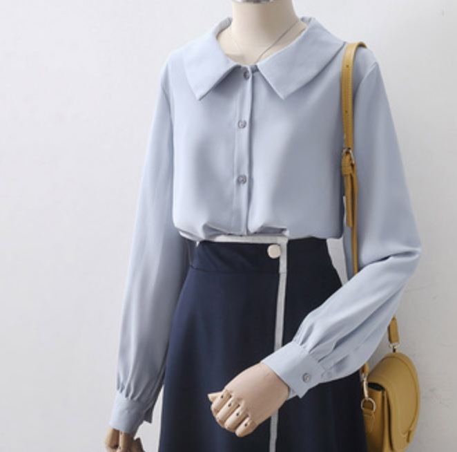シャツ ブラウス レディース 長袖 襟付き ガーリー おしゃれ かわいい 大人可愛い きれいめ シンプル カジュアル レトロ フェミニン 無地 春 秋 学生 お出かけ デート ブルー トップス