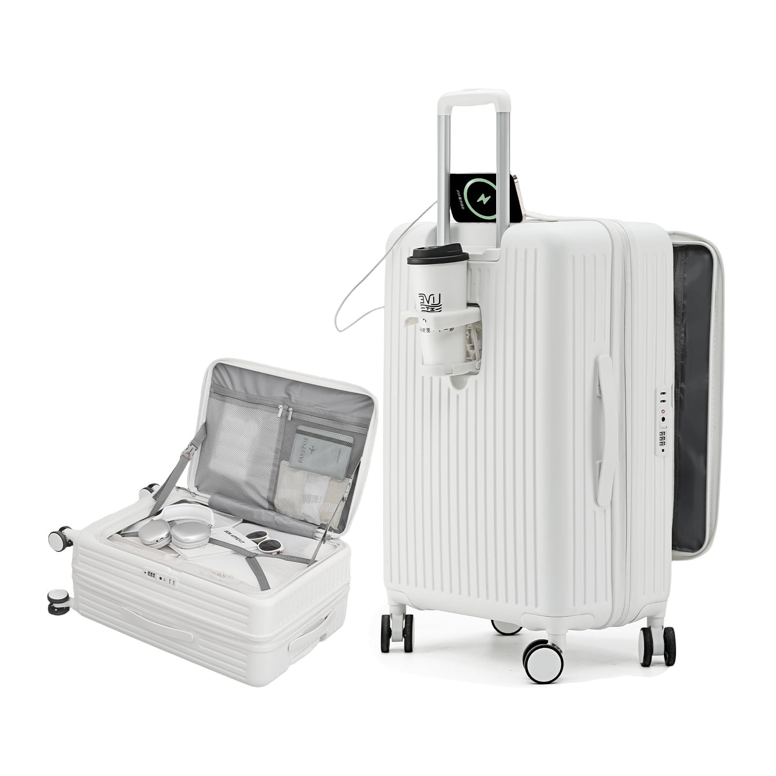 [SupTrip] スーツケース キャリーケース 多機能 片開き 拡張機能付き 機内持ち込み キャリーバッグ フロントオープン USBポート付き カップホルダー付き 隠しフック機能 超軽量 耐衝撃 静