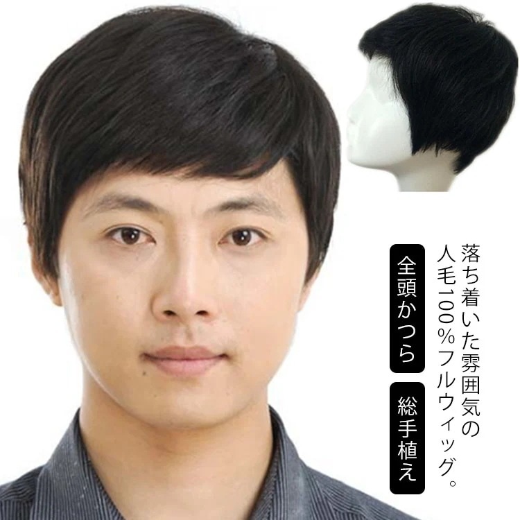 ウィッグ 人毛100% メンズ フルウィッグ ショート かつら 自然 うぃっぐ wig 全頭かつら 医療用ウィッグ 男性 医療用かつら 総手植え ナチュラル 白髪隠し ビジネス カジュアル 普段使い