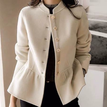 アウター コート ミディアム丈 上着 袖あり 長袖 襟なし ラウンドネック 前開き ボタン 裾フレア