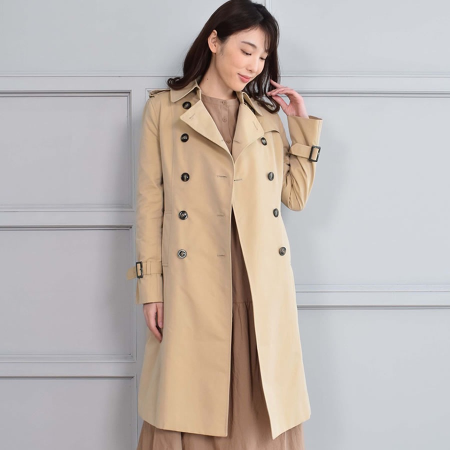 [Merfirge][弱撥水加工]綿混 トレンチ ロング コート ライナー付 裏地 ストライプ柄 シンプル きれいめ レディース(LC3506)