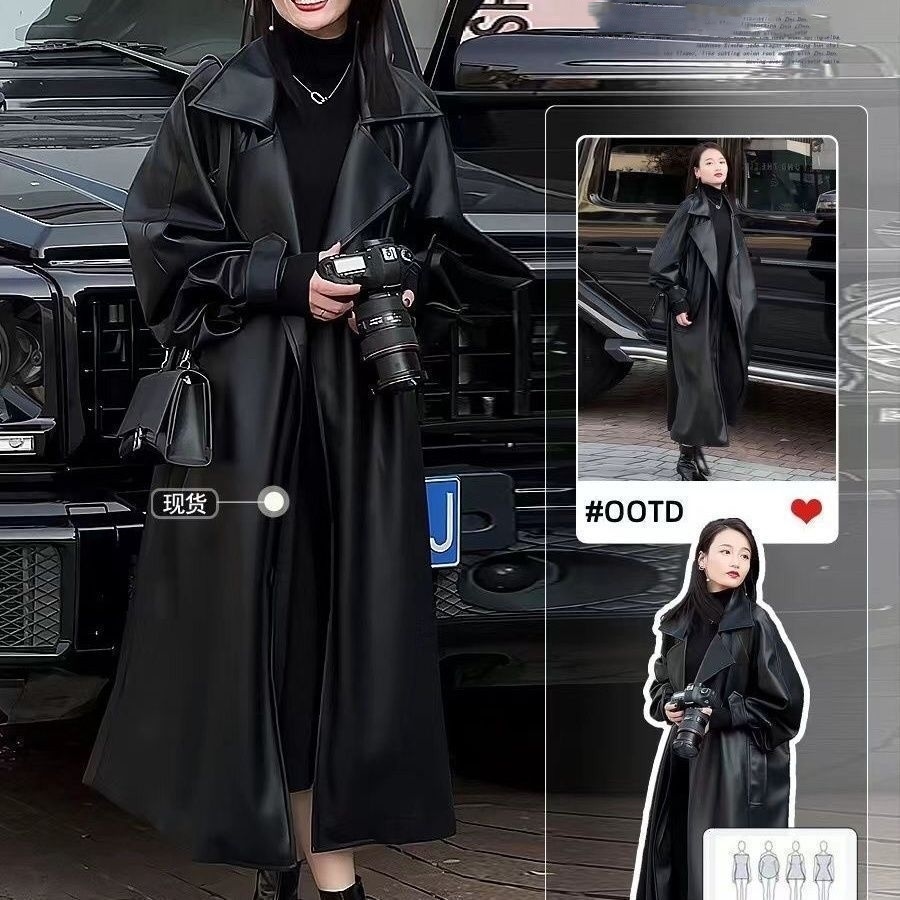 秋冬 2023 ニューデザイン裏起毛 春トレンチコート ジャケット レザー ロングタイプ ウエスト引き締め 機関車の毛皮