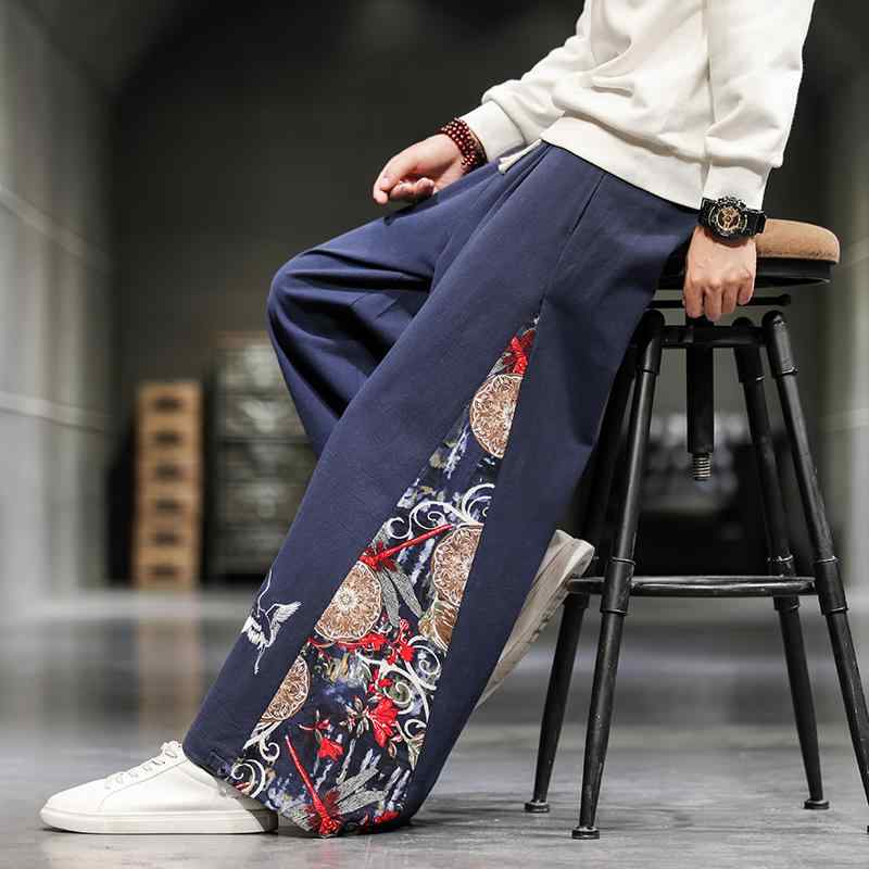 パンツ ボトムス エスニック 刺繍 中国風 ストレート スカート ワイド メンズ レトロ グレー ネイビー