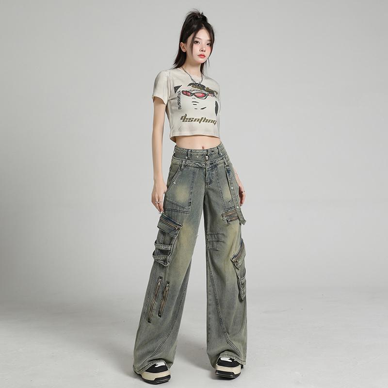 デニムパンツ レディース ボトムス ジーンズ カジュアル レトロ ポケット ワイド 秋 ファッション イエロー