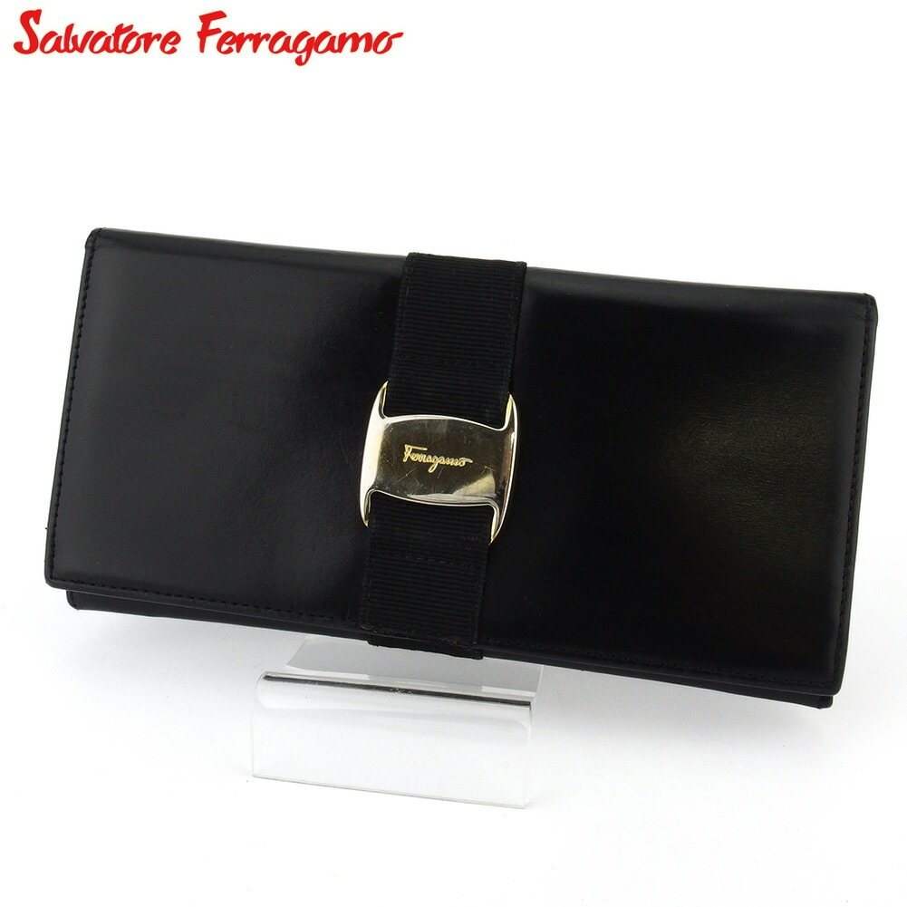 長財布 ファスナー付き 財布 ヴァラ レディース メンズ ブラック ゴールド 中古