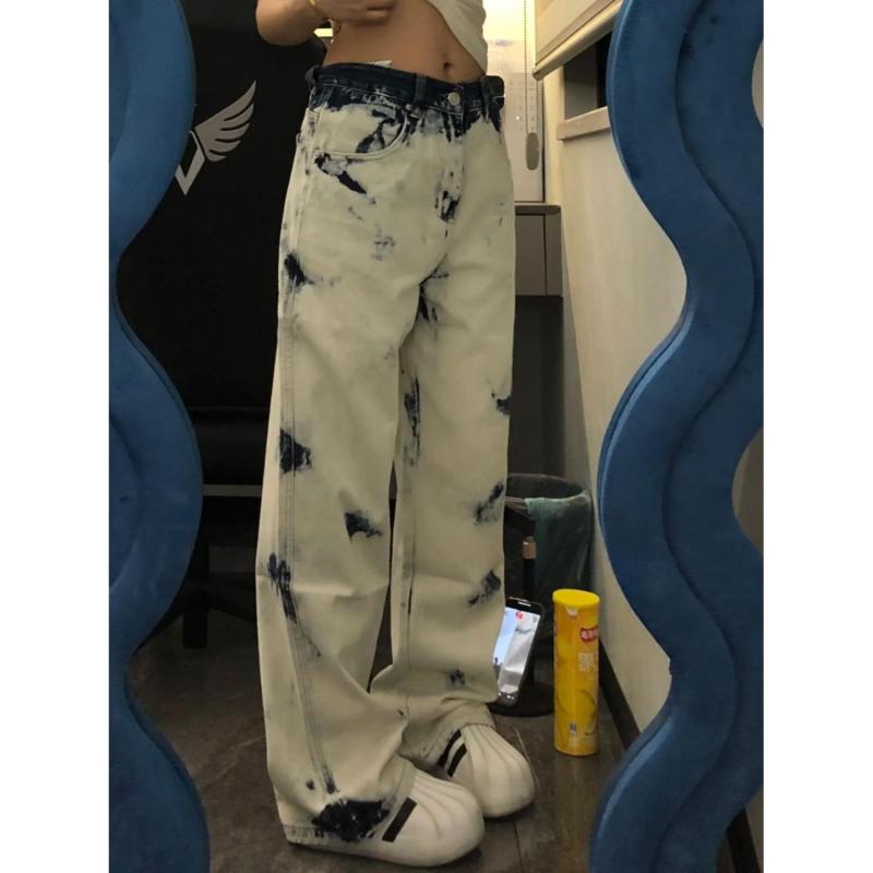 デニムパンツ レディース ボトムス タイダイ ジーンズ アメリカ レトロ ウォッシュ ファッション ストレート 秋冬 ブルー ホワイト