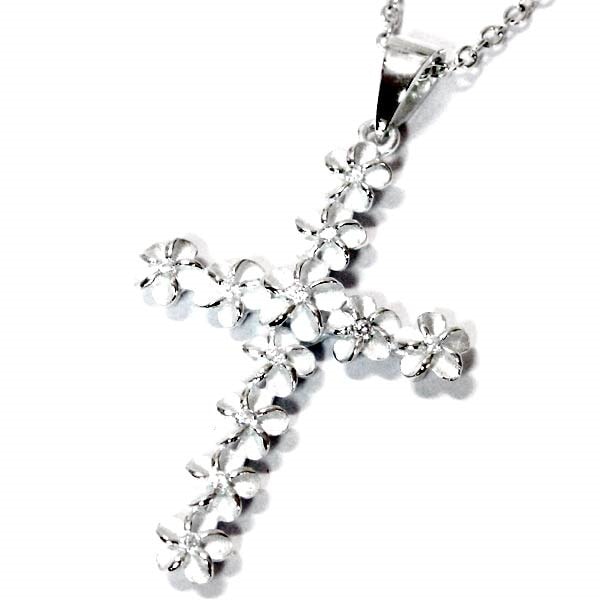 ハワイアンジュエリー ペンダント ネックレス プルメリア フラワー 花 クロス 十字架 クリアジルコニア レディース シルバー925