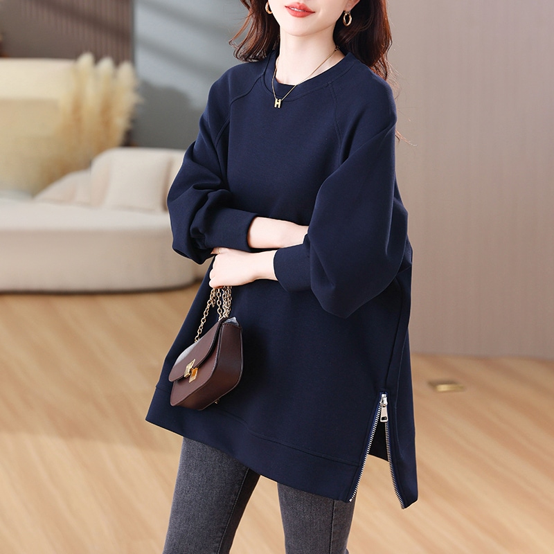 トップス トレーナー 長袖 ラウンドネック プルオーバー ミディアム丈 サイドスリット 可愛い かわいい 大人可愛い きれいめ シンプル 上品 レトロ おしゃれ かっこいい カジュアル こなれ感
